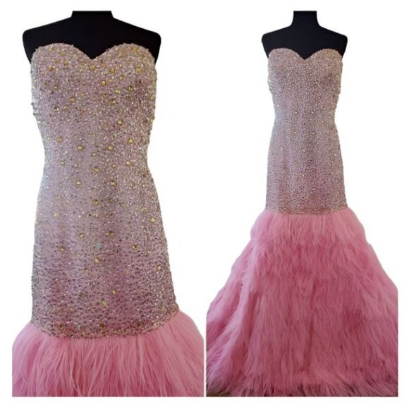 Evening Wedding Cocktail Runway Beaded Crystals Ostrich Feathers Couture Dress - Picture 2 of 16